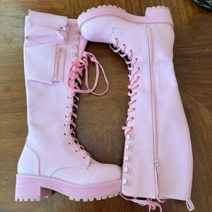 Baby Pink Lace-Up Knee-High Combat Boots